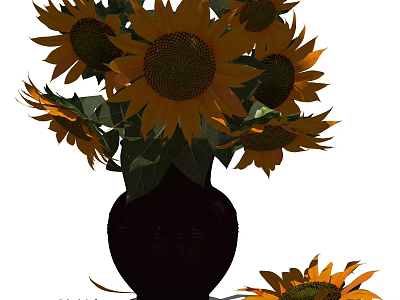 Blooming Sunflowers in Dark Colored Vase with Green Leaves and Decorative Design 3d model