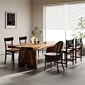 Solid Wood Dining Table Set with Natural Grain Legs Wooden and Black Chairs Green Plants and Decorative Painting