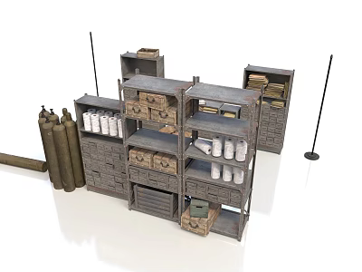 Industrial Style Grey Metal Storage Shelves With Gas Cylinders Boxes And Cans 3d model