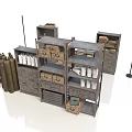 Industrial Style Grey Metal Storage Shelves With Gas Cylinders Boxes And Cans