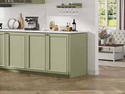 Modern Living Dining Room Interior With Light Green Cabinets Wine Glass Rack And Marble Countertop 3d model