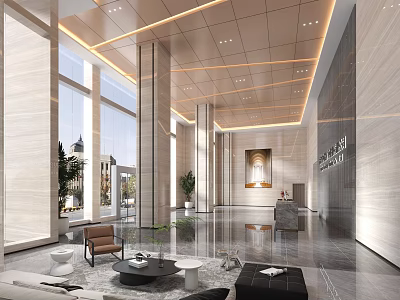 Modern Front Desk Reception Area Featuring Marble Walls Large Windows Sofa Seating And Plants 3d model