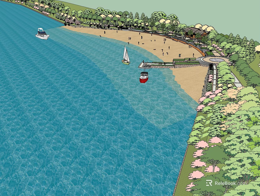 Scenic Coastal Waterfront With Blue Water Sandy Beach Boats And Pink Flowering Trees 3d model 