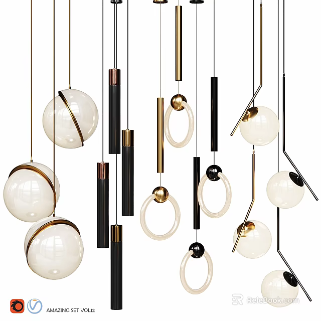 Modern Pendant Lights Featuring Sphere Ring Bar Shapes White Gold Black Decorative Design 3d model