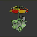 Food Cart With Red Yellow Umbrella Condiment Bottles And Hot Dog Sign