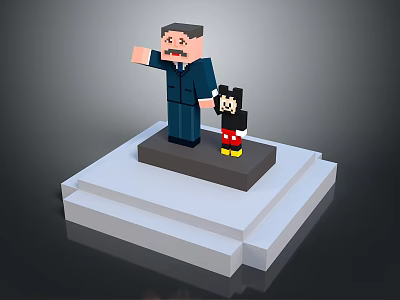 Pixel Style Train Model With Character Statue And Mickey Mouse On White Base 3d model