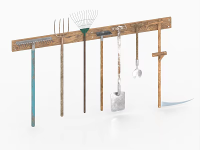Wooden Rack With Hanging Hardware Tools Rake Fork Shovel And Trowel For Garden Use 3d model