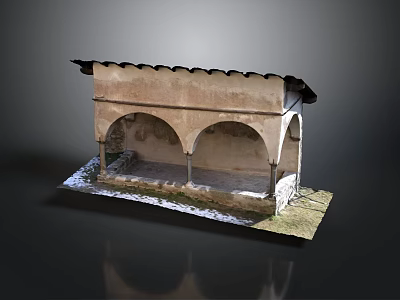 Ancient Stone Structure Model Featuring Arched Doorways Tiled Roof And Grass Base 3d model