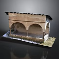 Ancient Stone Structure Model Featuring Arched Doorways Tiled Roof And Grass Base