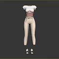 Women's Fashion Outfit With White T shirt Pink Belt Beige Pants And Casual Shoes