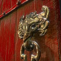 Brass Hardware Tools On Red Wooden Door With Decorative Latch 3d model