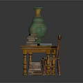 Rustic Wooden Furniture Set With Table Chair Green Vase Stacked Books And Small Basket