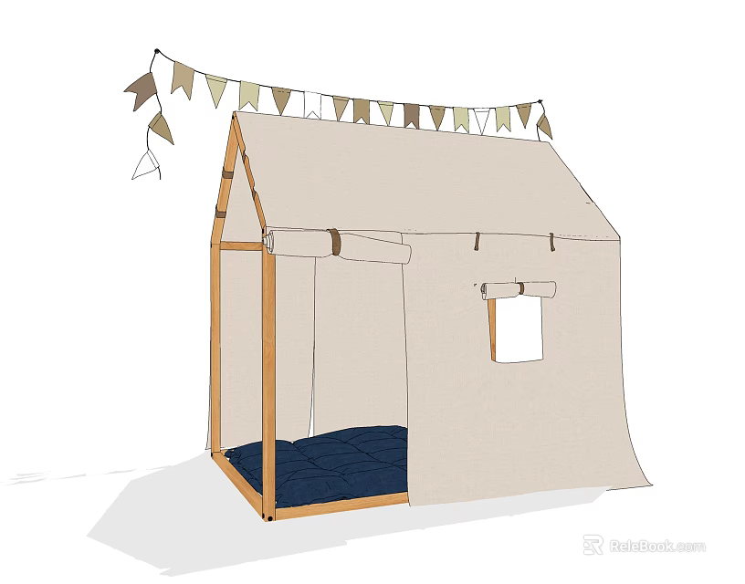 Children's Play Tent With Wooden Frame Beige Canvas Blue Mat And Bunting Flags On Top 3d model 