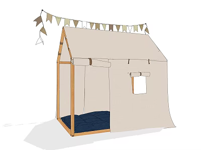 Children's Play Tent With Wooden Frame Beige Canvas Blue Mat And Bunting Flags On Top 3d model