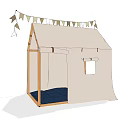 Children's Play Tent With Wooden Frame Beige Canvas Blue Mat And Bunting Flags On Top