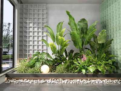 Indoor Landscape Featuring Large Green Fern Plants Decorative Sphere Lamp Grid and Green Tile Walls 3d model