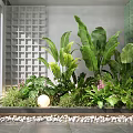 Indoor Landscape Featuring Large Green Fern Plants Decorative Sphere Lamp Grid and Green Tile Walls