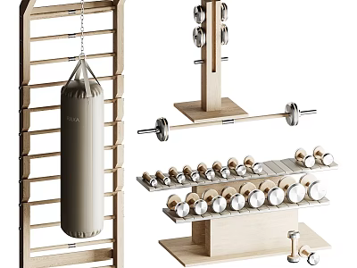 Wooden Sports Equipment Collection With Punching Bag Dumbbells And Barbell Rack 3d model