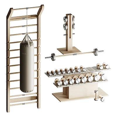 Wooden Sports Equipment Collection With Punching Bag Dumbbells And Barbell Rack 3d model