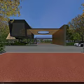 Modern Entrance Gate with Geometric Architectural Structure Surrounded by Trees and Flower Beds Driveway