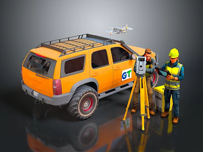 Orange SUV With Roof Rack Near Workers Using Surveying Equipment And Drone 3d model