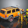 Orange SUV With Roof Rack Near Workers Using Surveying Equipment And Drone