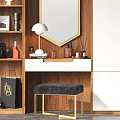 Modern Dressing Table With Gold Frame Mirror Stool And White Storage Cabinets 3d model