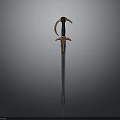 Ornate Medieval Sword With Curved Guard And Metallic Blade On Dark Background