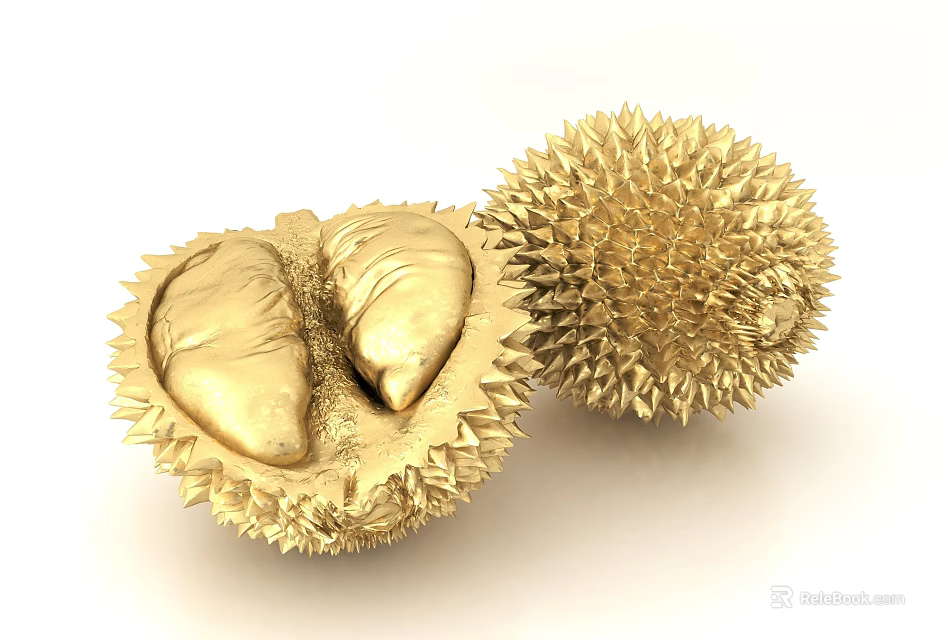 Decorative Ornament Set Featuring Golden Durian Half Cut With Flesh And Whole Spiky Shell 3d model 