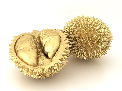 Decorative Ornament Set Featuring Golden Durian Half Cut With Flesh And Whole Spiky Shell 3d model