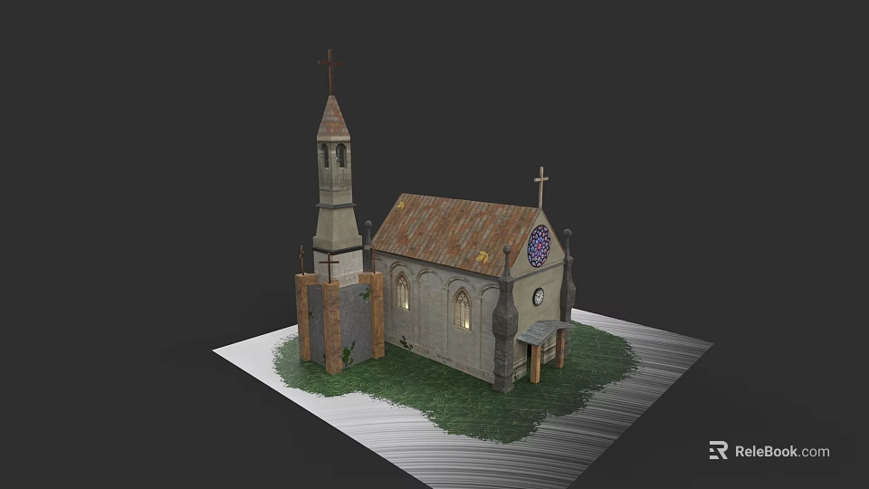 European Style Church Architecture With Stone Exterior Spire Cross And Arched Windows 3d model 