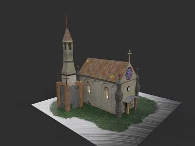 European Style Church Architecture With Stone Exterior Spire Cross And Arched Windows 3d model