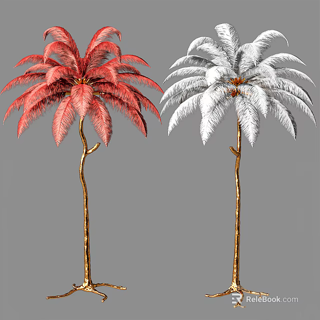 Red And White Palm Tree Design Floor Lamps With Golden Stand For Home Decor 3d model 