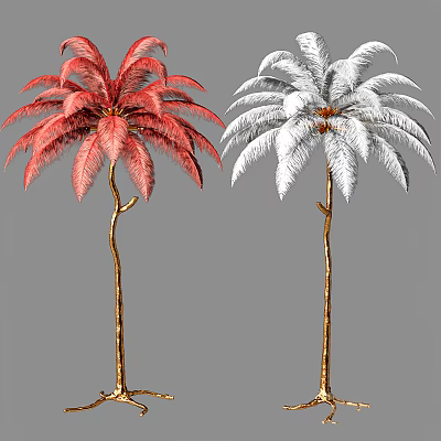 Red And White Palm Tree Design Floor Lamps With Golden Stand For Home Decor 3d model
