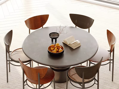 Modern Round Dining Table Set With Wooden Accent Chairs And Tabletop Decor Items 3d model