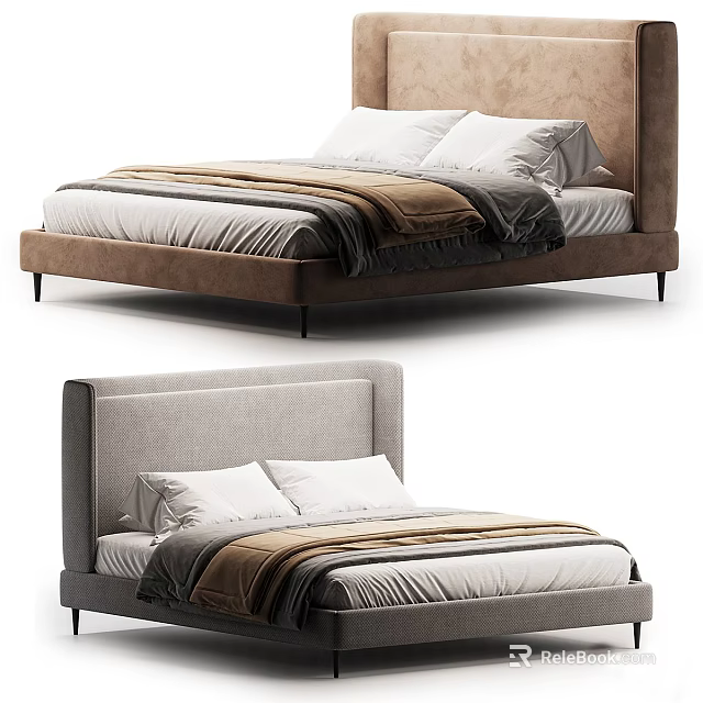 Elegant Modern Double Bed With Brown Gray Headboard White Sheets And Layered Blankets 3d model