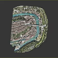 Modern Town Model With Winding Blue River Buildings Bridge And Green Areas