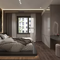 Modern Bedroom Interior Design With Textured Wall Ambient Lighting Platform Bed And Wooden Flooring