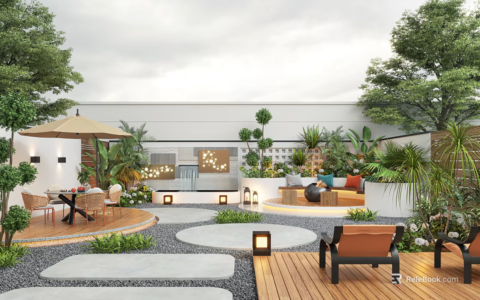 Stylish Outdoor Garden Design With Wooden Deck Lanterns Sofa Seating And Greenery 3d model 