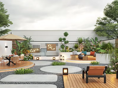 Stylish Outdoor Garden Design With Wooden Deck Lanterns Sofa Seating And Greenery 3d model