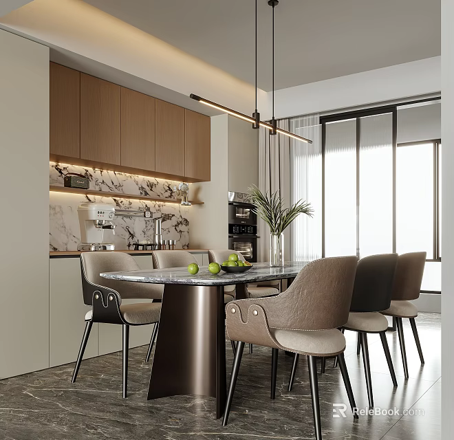 Elegant Modern Restaurant Interior With Round Dining Table And Pendant Lights 3d model 
