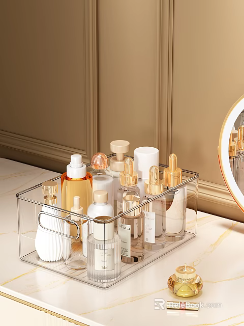 Perfume and Cosmetics in Acrylic Organizer with Various Bottles on Vanity Counter 3d model 