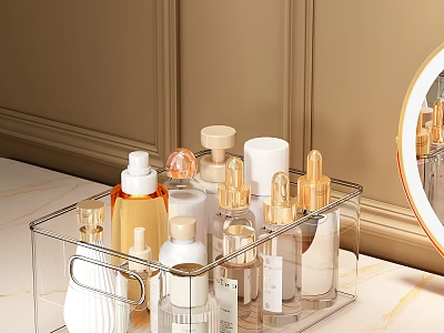 Perfume and Cosmetics in Acrylic Organizer with Various Bottles on Vanity Counter 3d model