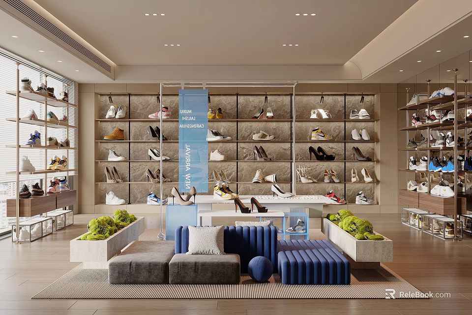 Modern Shoes Store Displaying Various Stylish Designs On Shelves And Seating 3d model 