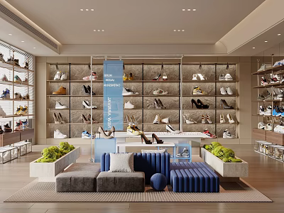 Modern Shoes Store Displaying Various Stylish Designs On Shelves And Seating 3d model