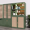 Modern Green Bookcase With Rattan Doors Open Shelves Books Decorations And Potted Plant