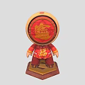 Traditional Character In Red Outfit With Circular Head And Golden Pattern On Wooden Base
