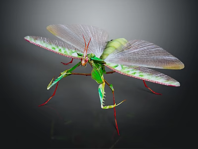 Green Mantis With Transparent Wings And Red Legs On Dark Background 3d model