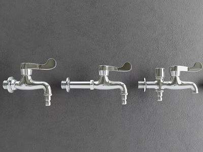 Three Modern Chrome Water Taps with Lever Handles Mounted on Gray Wall 3d model