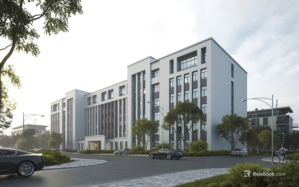Modern Office Building Architectural Design With Large Windows White Facade Surrounded by Trees Near Roadside Parking 3d model 